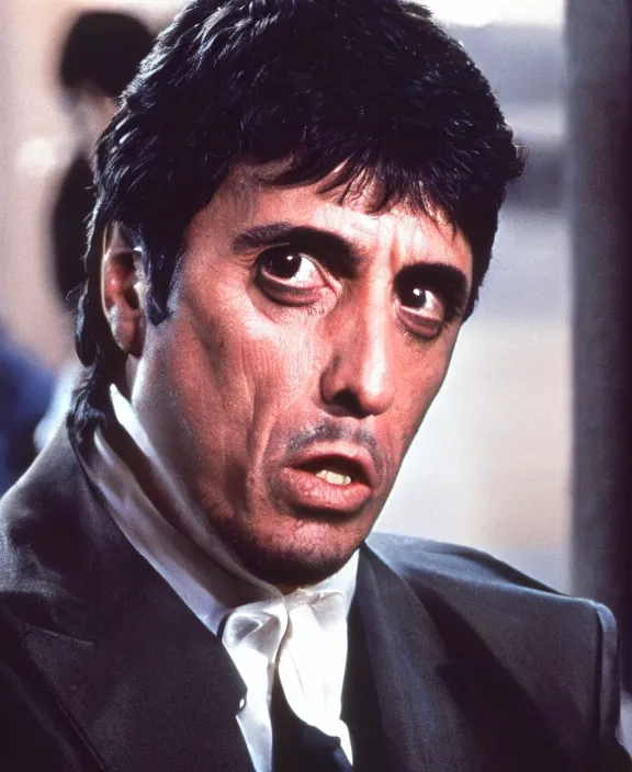 Image similar to extreme long shot. tony montana from movie scarface 1 9 8 3. al pacino, perfect symmetric face, coherent eyes, fine details, 4 k, ron cobb. cinestill