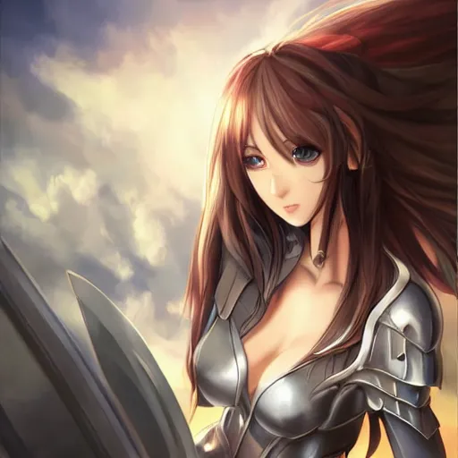 Image similar to a portrait of an attractive knight female anime character with long hair, shot of entire body, artgerm