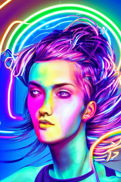 Image similar to a award winning half body portrait of a beautiful woman with stunning eyes in a croptop and cargo pants with rainbow colored ombre hairstyle head in motion and hair flying by thomas danthony, surrounded by whirling illuminated neon lines, outrun, vaporware, shaded flat illustration, digital art, trending on artstation, highly detailed, fine detail, intricate