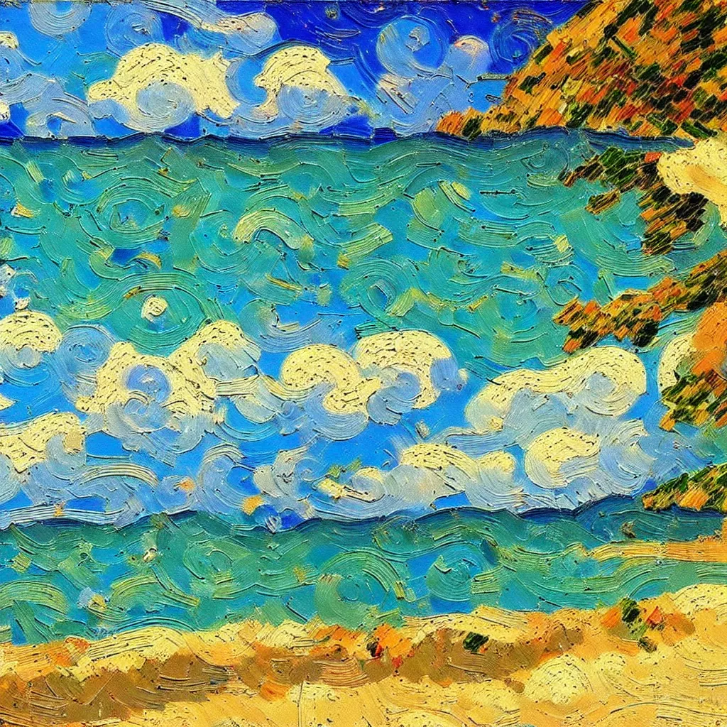 Prompt: beautiful Italian beach scene painted in a style of painting similar to Van Gogh but more impasto and less hatching