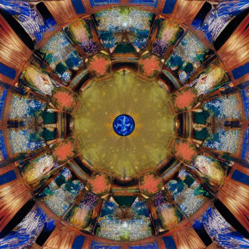 Image similar to an oil painting by botticelli seen through a kaleidoscope