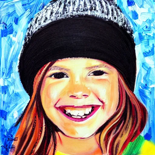 Image similar to painting of a girl with large smile, black color, beanie, impressionist style