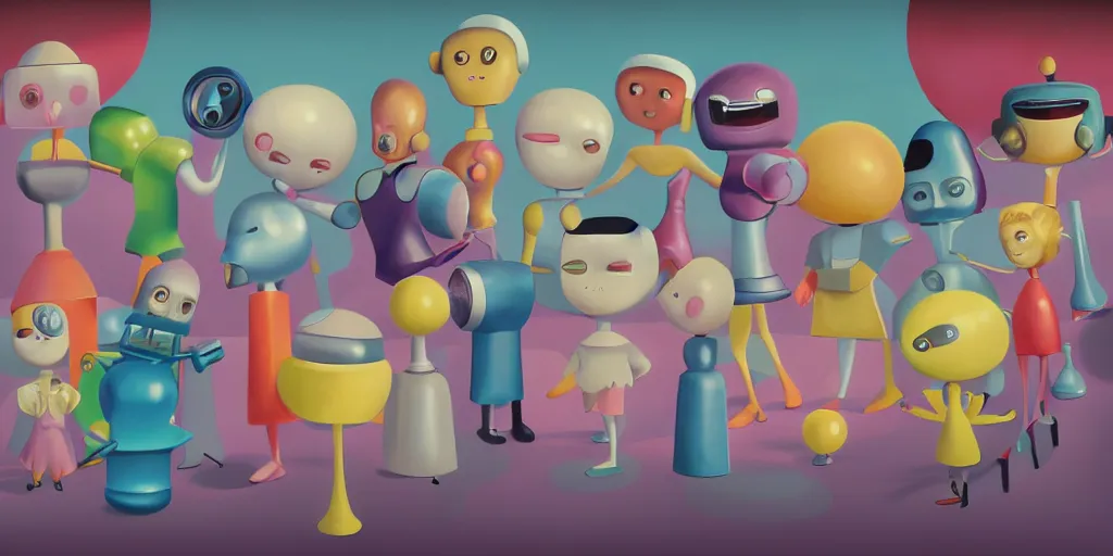 Image similar to Smooth Colorful Digital Painting by Mark Ryden in a 1950s atom-age Jetsons cartoon playground, a group of 3D retro smiling dancing plastic children and robots, symmetrical faces; Photorealistic Wide-Shot OctaneRender, ambient occlusion, subsurface scatter, radiosity, trending on Artstation H 768