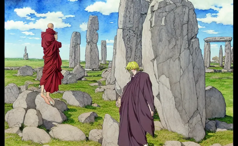 Prompt: a realistic anime watercolor fantasy concept art of a giant monk with a big forehead in grey robes swaying in stonehenge. several immense stones are floating in the air. by rebecca guay, michael kaluta, charles vess