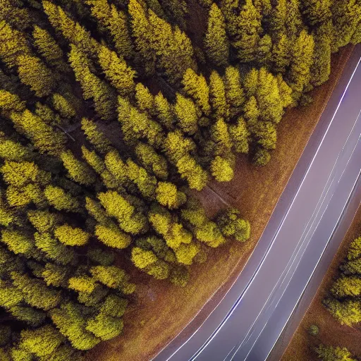 Prompt: areal drone shot of a road and forrest