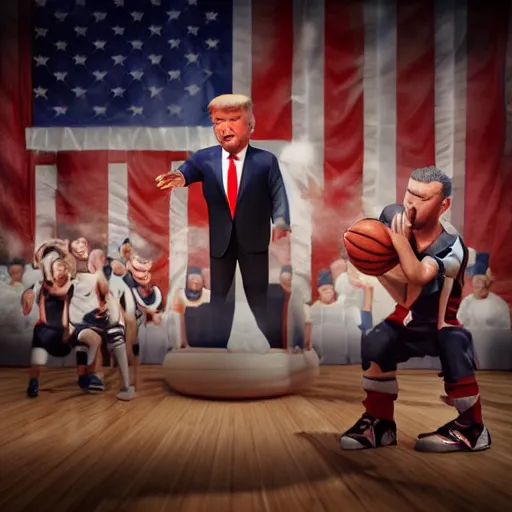 Prompt: Donald Trump with basketball players body, realistic artstyle, wide shot, dramatic lighting, octane render, hyperrealistic, high quality, highly detailed, HD, beautiful, cinematic, 8k, unreal engine, facial accuracy, symmetrical