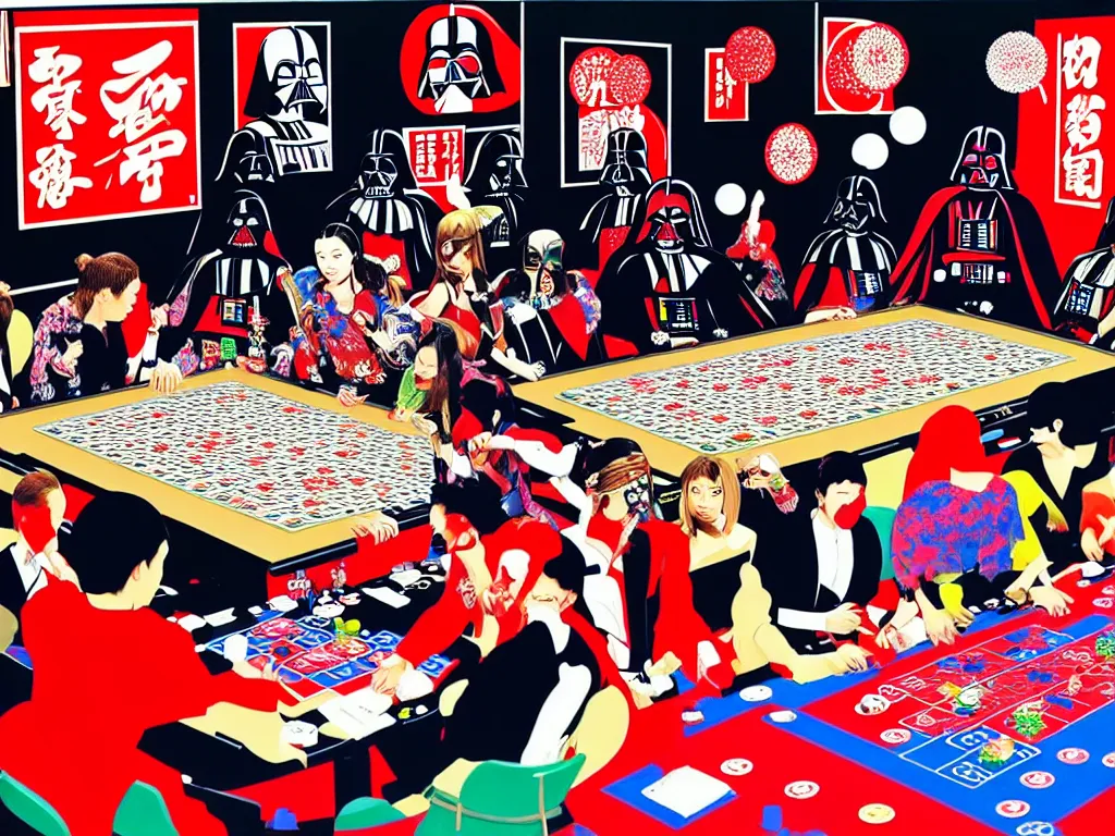 Image similar to hyper - realistic composition of a large room with an extremely detailed poker table in the center, woman in traditional japanese kimono standing nearby, darth vader sitting at the table, fireworks in the background, pop art style, jackie tsai style, andy warhol style, acrylic on canvas, dull palette