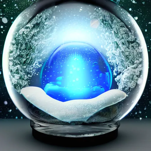 Image similar to alien planet, lush with fluorescent mushrooms encapsulated in a snow globe, high detail, photorealistic