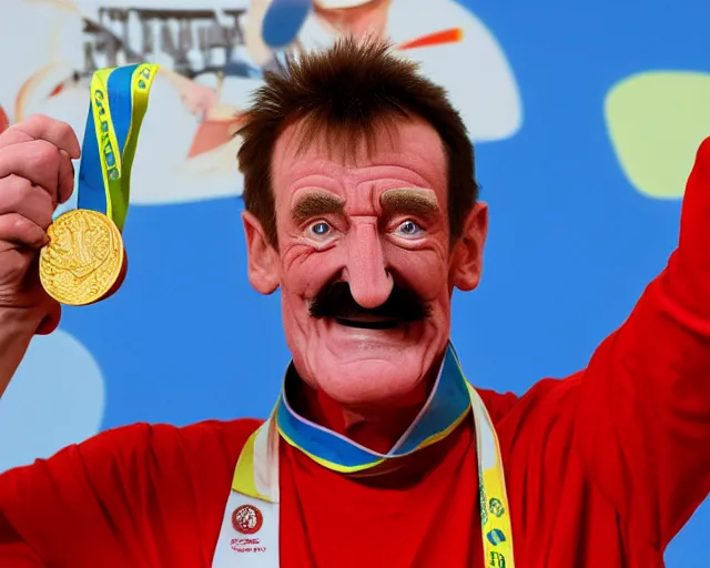 Prompt: Barry Chuckle wins the gold medal at the burger eating contest, trending on Artstation