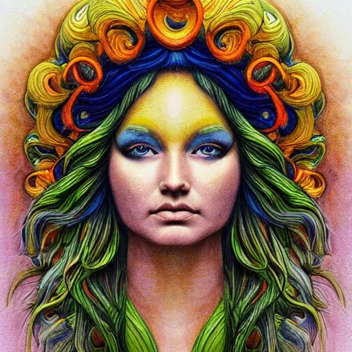 Image similar to Colored pencil art on paper, Goddess Gaia Portrait, highly detailed, artstation, MasterPiece, Award-Winning, Caran d'Ache Luminance