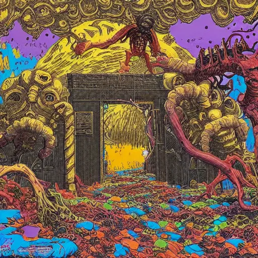 Image similar to crayon art by geof darrow tumultuous. in the center of the photograph is a large gateway that seems to lead into abyss of darkness. on either side of the gateway are two figures, one a demon - like creature, the other a skeletal figure.