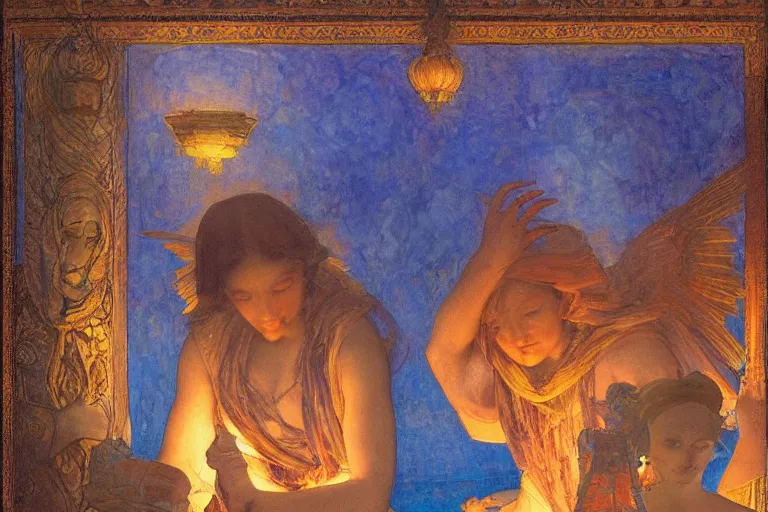 Prompt: Dreaming of the perfect Day by Annie Swynnerton and Nicholas Roerich and jean delville, glowing paper lanterns, strong dramatic cinematic lighting , ornate tiled architecture, lost civilizations, smooth, sharp focus, extremely detailed