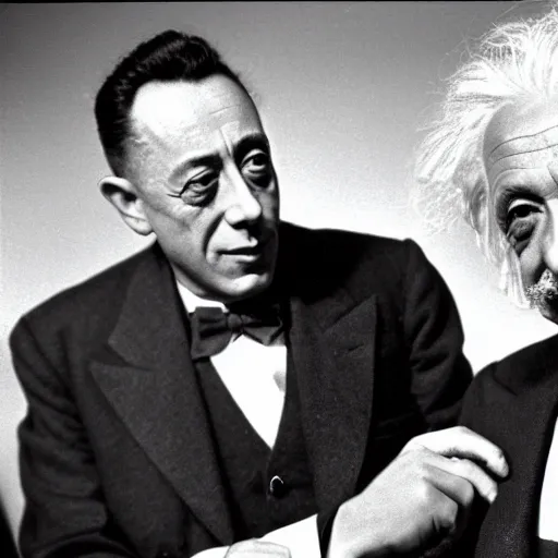 Image similar to Still of Albert Camus enjoying his time with Albert Einstein in Las Vegas casino, 1945 type photography