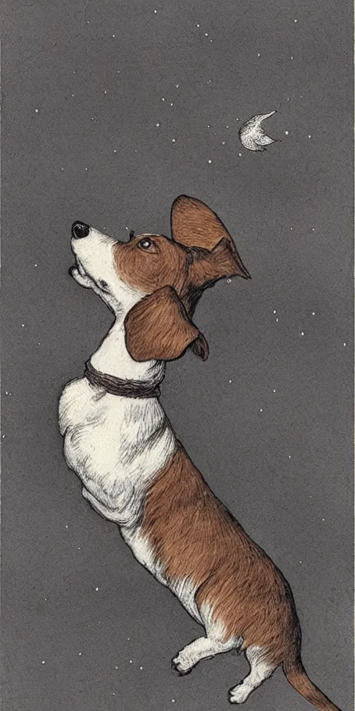 Image similar to jack russel dog looking up and howling with mouth open sad, night sky, highly detailed, side view, illustrated by peggy fortnum and beatrix potter and sir john tenniel