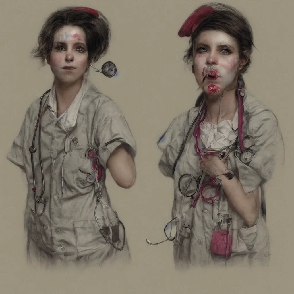 Image similar to clowncore pastel punk young hospital nurse wearing stylish uniform. detailed, portrait, 8 k, artwork by jean - baptiste monge