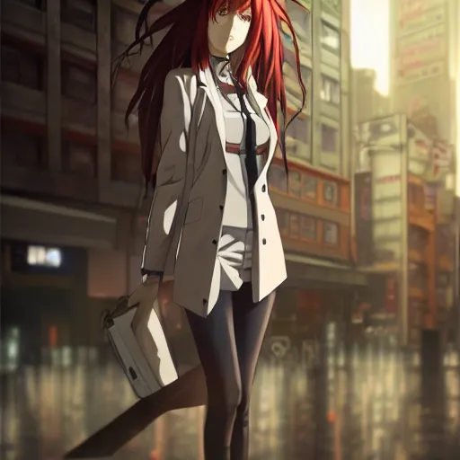 Prompt: kurisu makise steins gate in cyberpunk city, anime atmospheric, standing, lab coat, elegant, super highly detailed, professional digital painting, artstation, concept art, 8k, art by wlop, artgerm and alphonse mucha and eiichiro oda