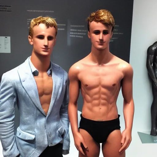 Image similar to “a realistic detailed photo of a guy who is an attractive humanoid who is half robot and half humanoid, who is a male android, British diver Jack Laugher & Chris Mears, shiny skin, posing like a statue, blank stare, at the museum, on display”