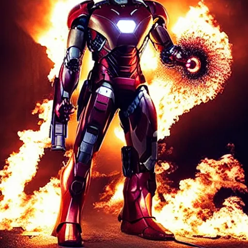 Image similar to < photo hd stunning reimagined mood = gritty gaze = camera > iron man poses with a flamethrower as a city burns in the background < / photo >