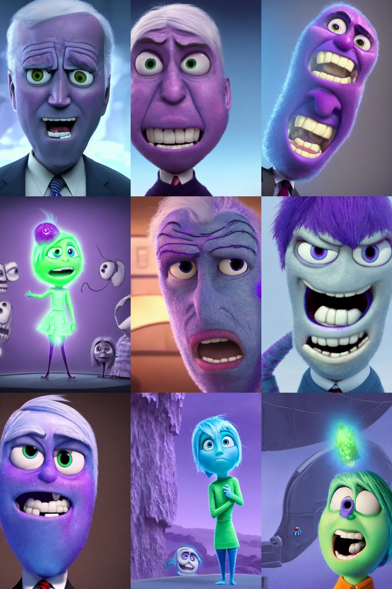 Prompt: a joe biden as fear from inside out extremely scared and anxious, purple, mr. nimbus character design, sharp, rendered in unreal engine 5, anime key art by glen keane, ross tran, bloom, dramatic lighting, sunrise