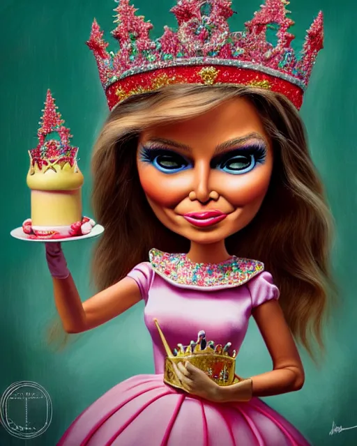 Prompt: closeup profile portrait of a tin toy melania trump as a fairytale princess wearing a crown and eating cakes, bikini, hyper realistic, artstation, illustration, nicoletta ceccoli, mark ryden, lostfish, max fleischer, digital paint, matte paint, vivid colors, bright, cheerful, detailed and intricate environment