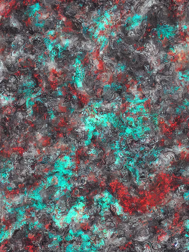 Image similar to blissful dreams of hell, tileable texture, sci fi, aggressive, mixed media,