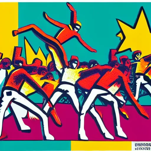 Image similar to pop art style of a riot dancing on the moon