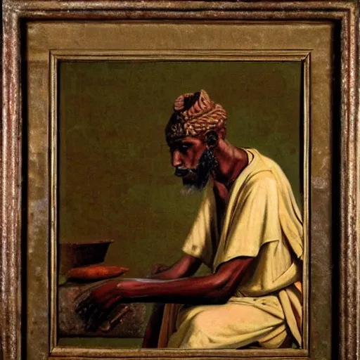 Prompt: east african man, in ancient rome, philosophical, contemplative, by giovanni battista