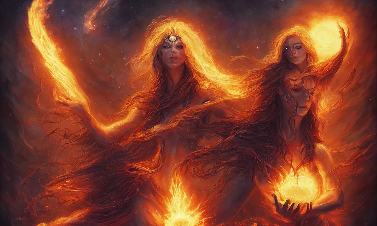 Image similar to Galactic goddess of fire holding the earth in her hands, fantasy, magic, digital illustration by Seb McKinnon and WLOP and ArtGerm, trending on artstation