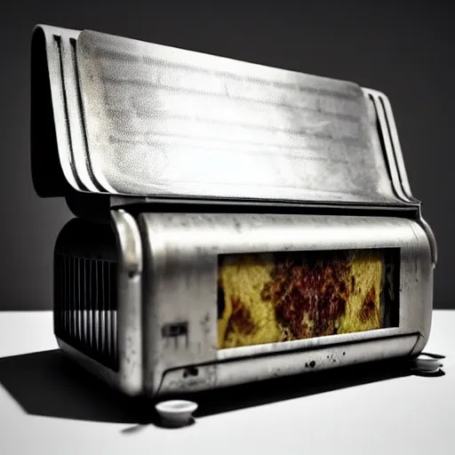 Image similar to an old, filthy, broken, 1960s-era, retro device, made of brushed steel, for displaying recipes, digital pong screen, set on a kitchen counter, dramatic constrasting light, redshift render, but as high contrast photography, featured on behance, golden ratio, f32, well composed, cohesive, from the show X-Files