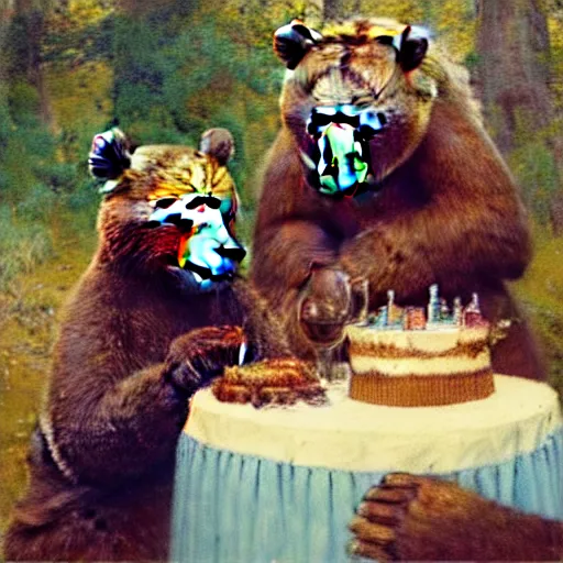 Image similar to polaroid photo of a bear eating cake at his 7 0's birthday at a zoo, highly detailed painting by gaston bussiere, craig mullins, j. c. leyendecker