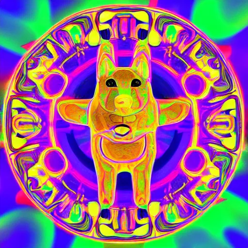 Prompt: Dogecoin psychedelic art generated by AI