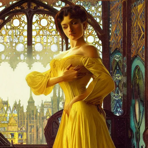 Prompt: kneeling before a proud queen, yellow eyes, medieval art, medium shot, intricate, elegant, highly detailed, digital painting, volumetric light, artstation, concept art, smooth, sharp focus, illustration, art by Gil Elvgren and Greg Rutkowski and Alphonse Mucha, 8K