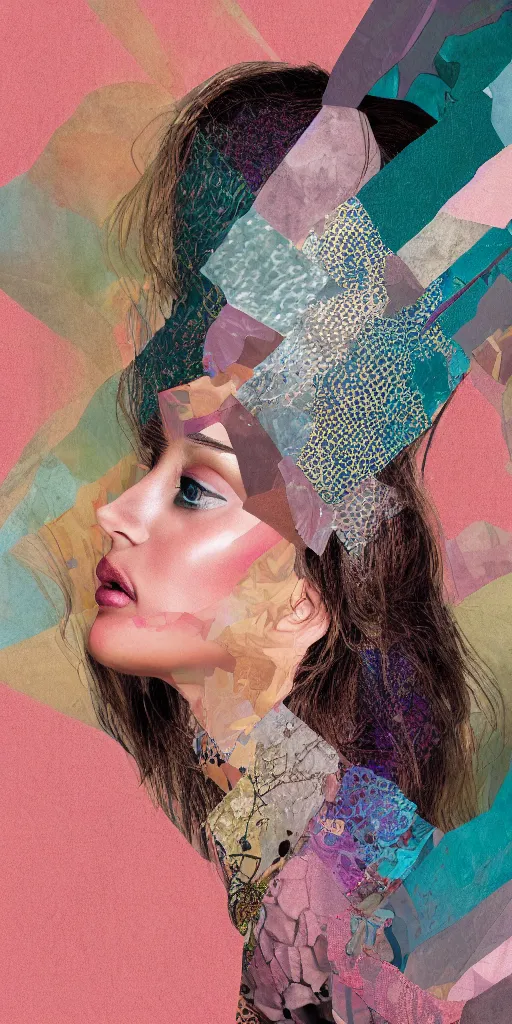 Prompt: hyperdetailed half-lenght matte illustration of a woman. matte mixed media paper collage in soft shiny pastel tones. maximalist fabric textures. matte background. HD high res HDR 8x