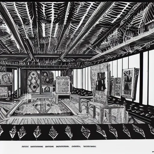 Image similar to A black and white screen print of gallery exhibition view from the 60s, anthropology, colonial, wild, exotic, artifacts, pedestal, ethnography, screen printing