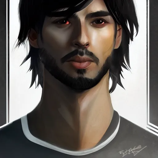 Prompt: art of a scifi trending Artstation character portrait of a man in his 30s mixture between french, turkish and russian with short black hair with bangs, wearing a beige and black jumpsuit 4K Artstation HQ