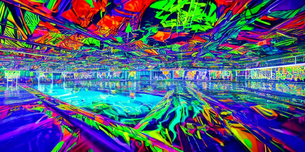 Prompt: backflip into a pool caustics lighting impressive colorful masterpiece graffiti hyper perspective