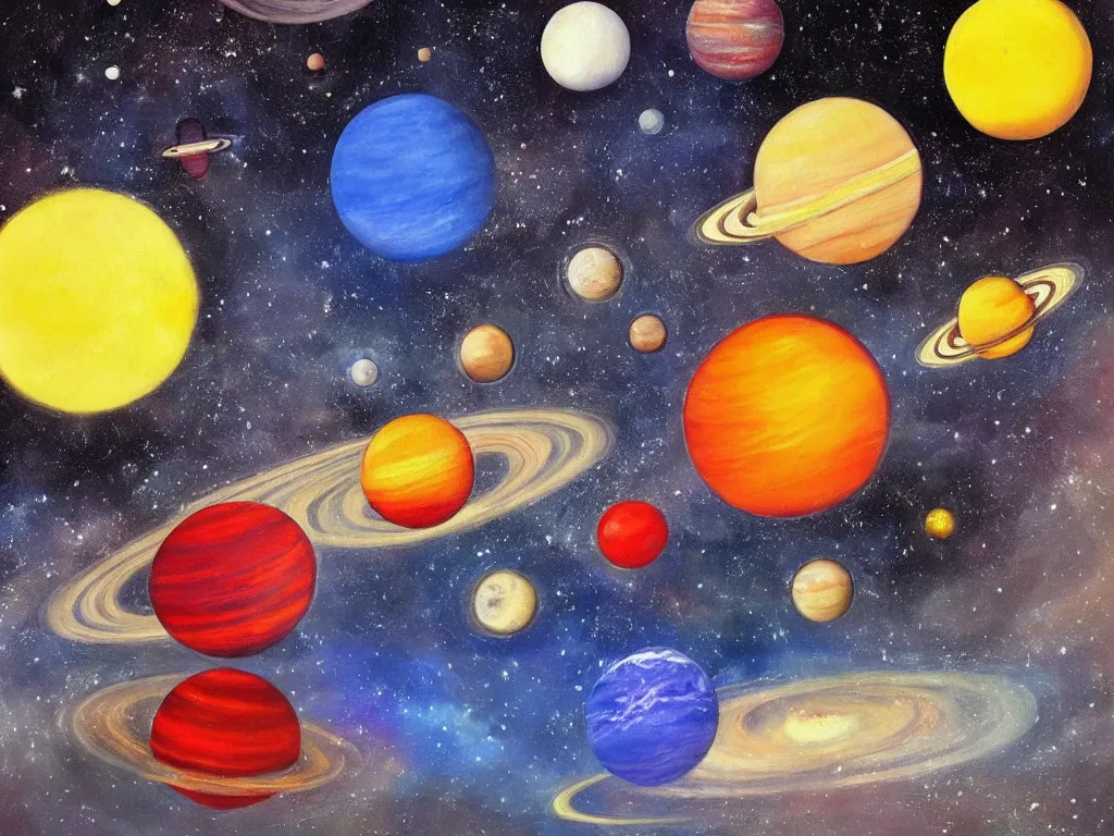 Prompt: A beautiful painting of a five planets, There are only five planets that are black, white, yellow, red, and blue, behind the galaxy and the universe, Trending on artstation, starry sky, Gioele Muscolino