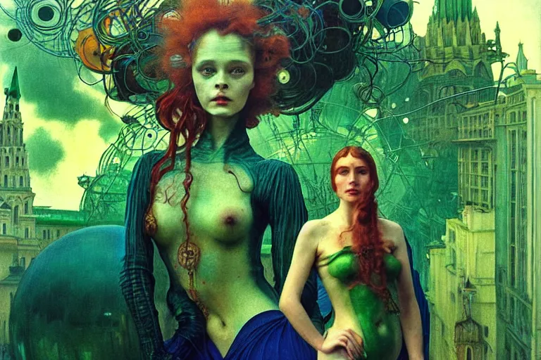 Image similar to realistic detailed photorealistic film portrait shot of a beautiful green haired woman in a crowded futuristic moscow street by Denis Villeneuve, Amano, Yves Tanguy, Alphonse Mucha, Ernst Haeckel, Andrei Tarkovsky, Edward Robert Hughes, Roger Dean, rich moody colours, wide angle, blue eyes