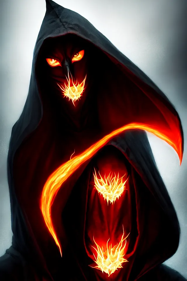 Prompt: a striking portrait of a pitch black hooded figure with jagged horns and flaming red eyes by moebius and ross tran and artgerm, trending on artstation, digital art, 4 k resolution, detailed, high quality, sharp focus, hq artwork, insane detail, volumetric lighting, character concept art, fine details, clear face