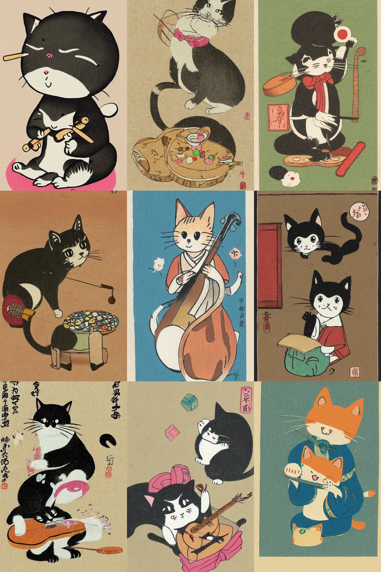 Prompt: Kawaii illustration of a cat playing gutair, japanese chibi