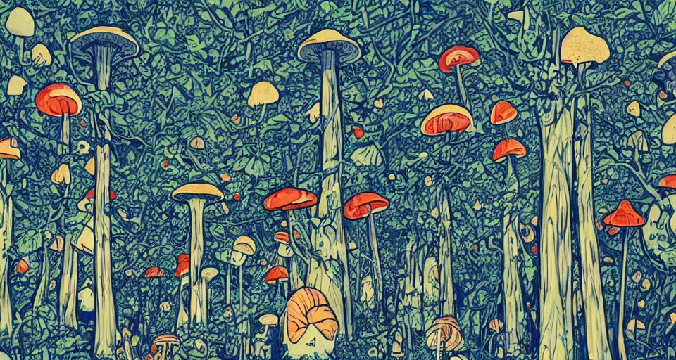 Image similar to Space Needle in a forest of giant mushrooms, by james jean