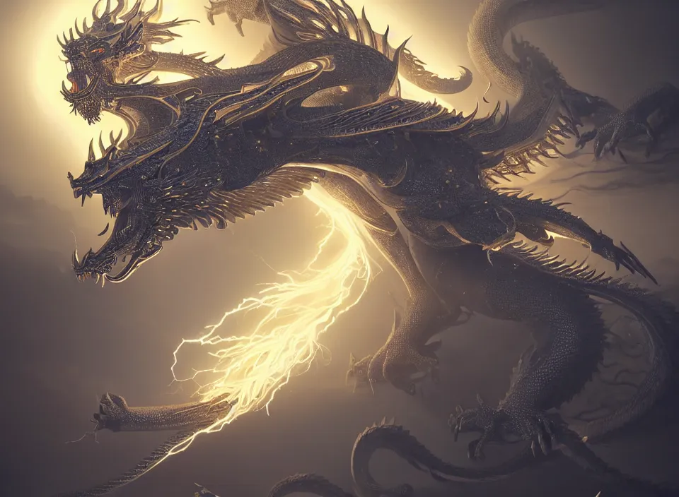 Image similar to a white - gold sacred dragon surrounded by lightning and holy light, aura of light, artificial intelligence, scifi, futuristic, highly detailed, trending on artstation, lee ji - eun, advanced technology, art by vitaly bulgarov and nivanh chanthara and lance wilkinson