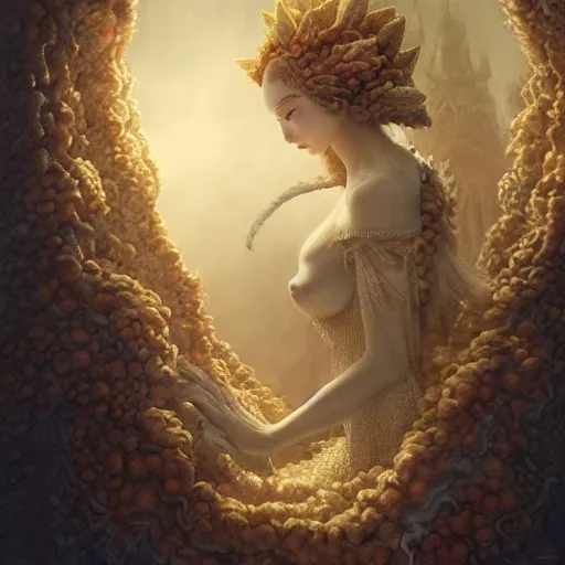 Image similar to by artgerm and agostino arrivabene, visually stunning, cinematic, ultra realistic, hyper realism, epic, octane render, unreal engine, vfx, maya, a princess in a tower waiting for her prince, fungal enchanter, murloc tinyfin, dread infernal, wee whelp, battle ram