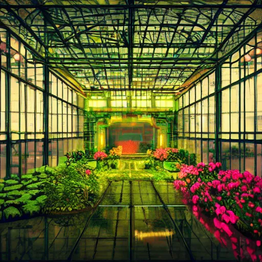 Image similar to rose garden in green house in the middle of a cyberpunk city at night by beeple, neon lights, very detailed, flying cars, blade runner 2 0 4 9