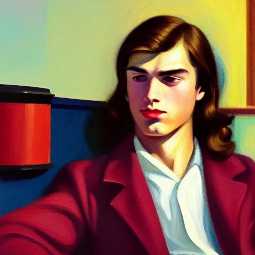 Prompt: A beautiful close-up of a young man with wavy long hair, dressed like in the 1940s, digital art by Edward Hopper, vibrant color scheme, highly detailed, in the style of romanticism, fine Art, high detail, great lighting, 8k resolution, masterpiece, concept art, illustration, clear eyes, soft lighting, soft details, painting oil on canvas, octane render, HDR, trending on artstation, 4k, 8k, HD