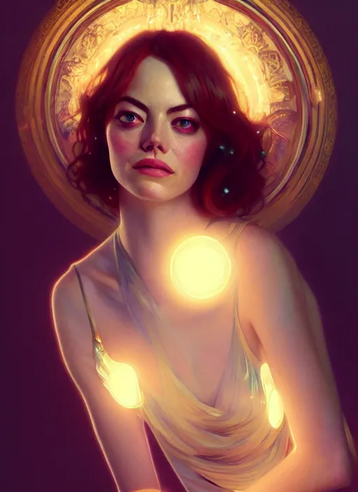 Image similar to portrait of emma stone, intricate, elegant, glowing lights, highly detailed, digital painting, artstation, glamor pose, concept art, smooth, sharp focus, illustration, art by wlop, alphonse mucha and greg rutkowski