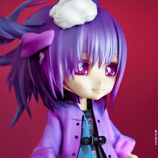 Prompt: portrait of a anime and chibi very cute doll with purple jacket design by xkung work, nendoroid, kawaii, cyberpunk fashion, character modeling, 7 0 mm lens, maximalist sculpted design, toy design, substance 3 d painter, vray, soft vinyl, trending in artstation