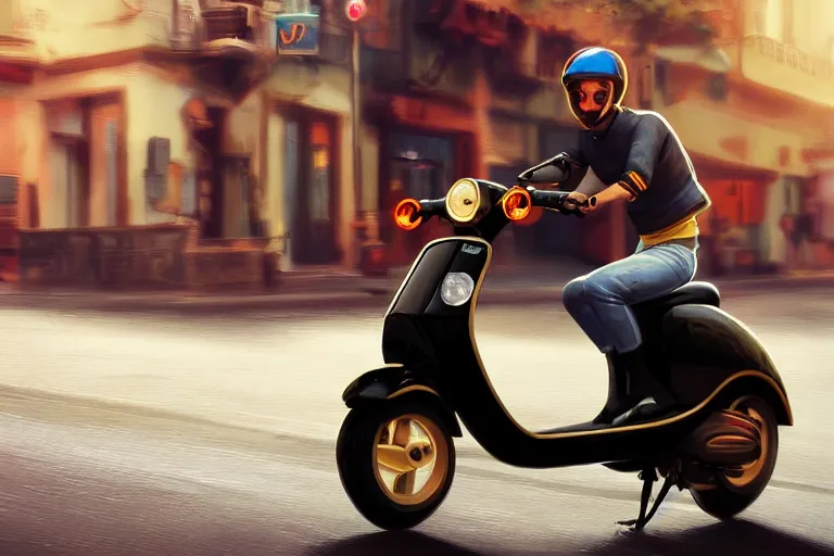 Image similar to moped scooter racing on the street, by etienne dinet, high details, 4 k, golden composition, artstation cgsociety