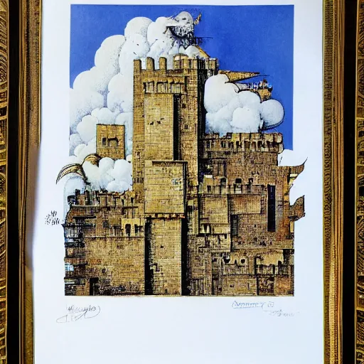 Image similar to by ralph steadman defined, improvisational babylonian, tetris. a beautiful print of a castle in the clouds.