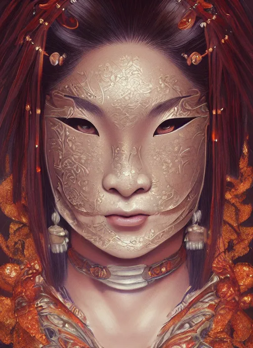 Image similar to a beautiful detailed oil on copper art illustration of a japanese obeshimi mask woman, centered, by charlie bowater, zeng fanzh, trending on artstation, dim dusk lighting, cinematic lighting, detailed lighting, volumetric lighting, realistic, f 8, 4 k hd wallpaper